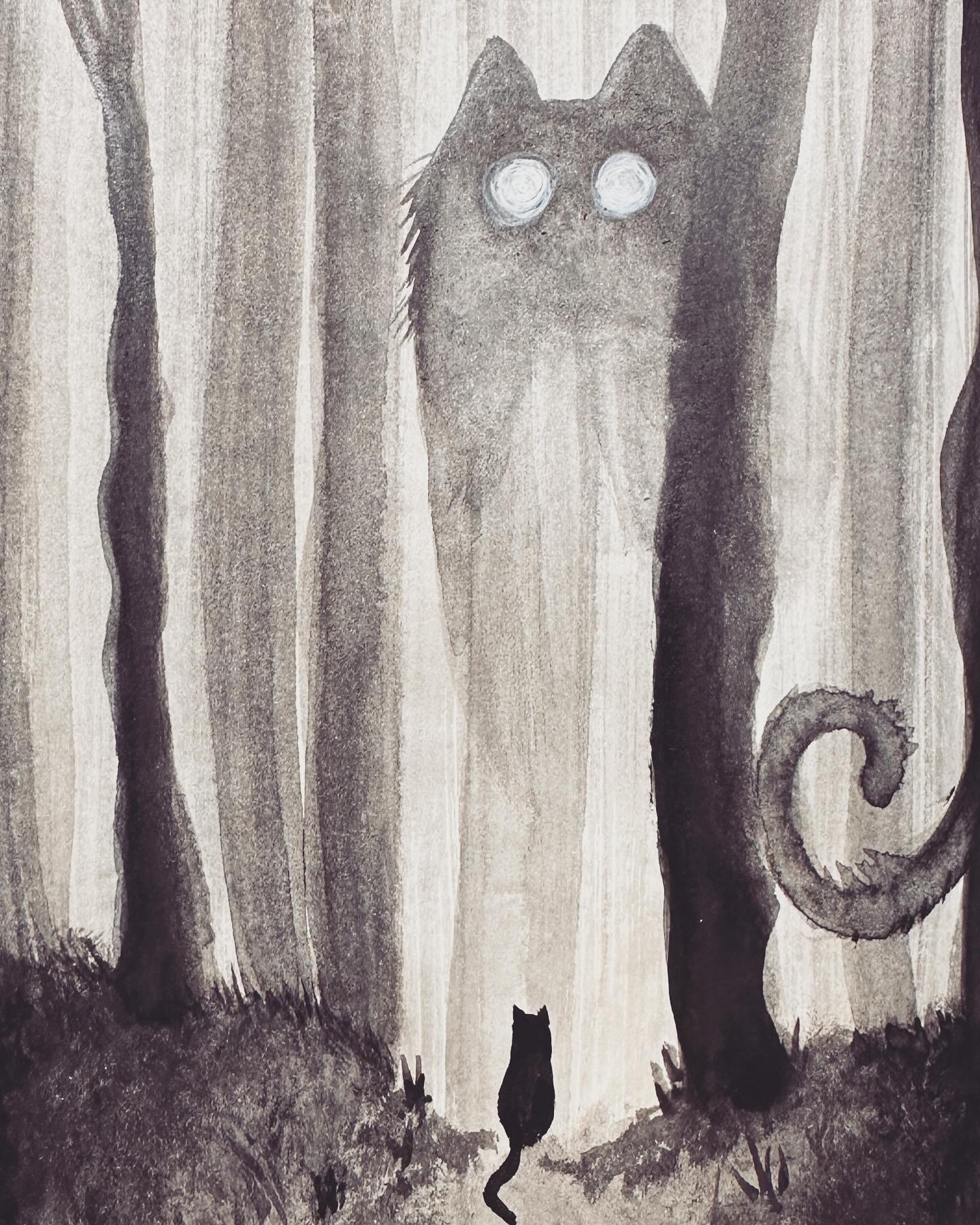 A small black cat in a great forest. The shadow of a giant cat goddess towers over her. She seems unphased.
