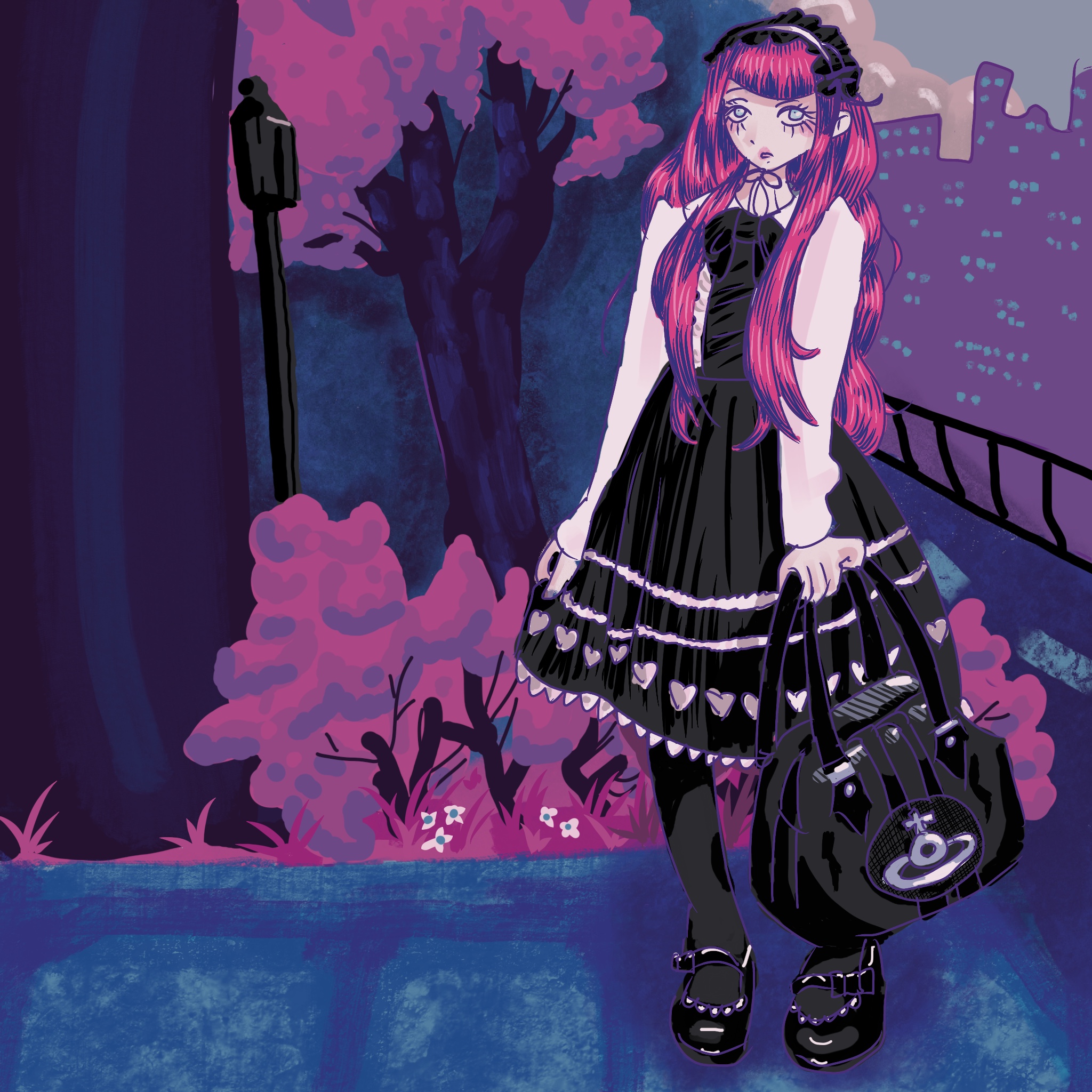 Gothic lolita with pink hair standing in front of pink trees and a building with a blue skyline and clouds in the background