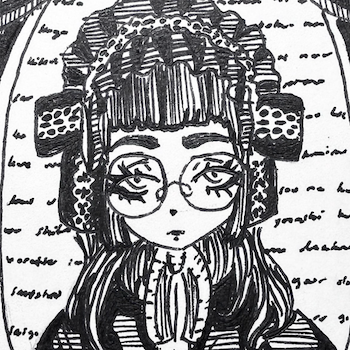 Portrait of a gothic lolita wearing a large headdress, a Malice Mizer rosary and glasses.