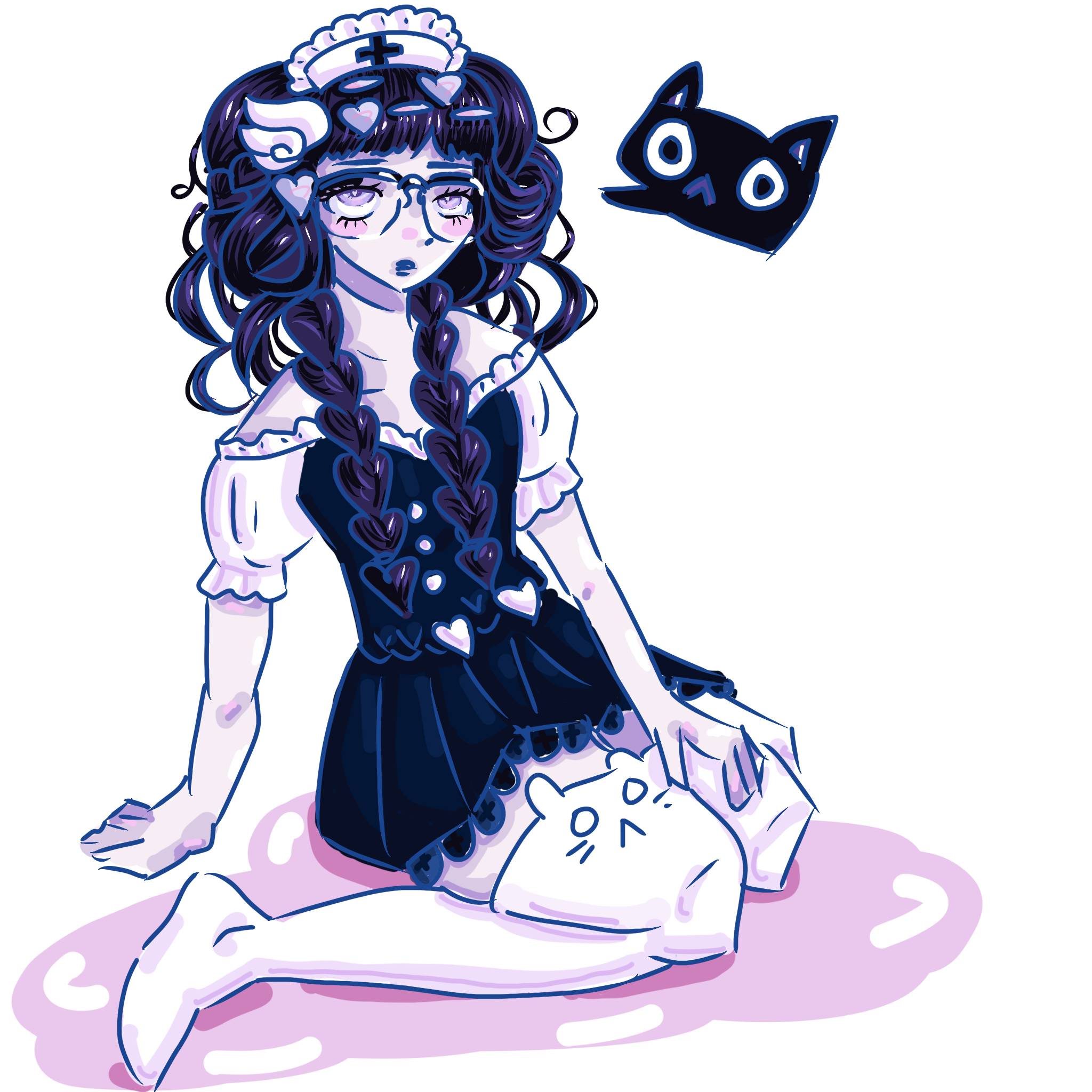 A girl with wild braided black hair, glasses, a nurse cap, and bunny stockings sits on the ground emoting a cat emoji.