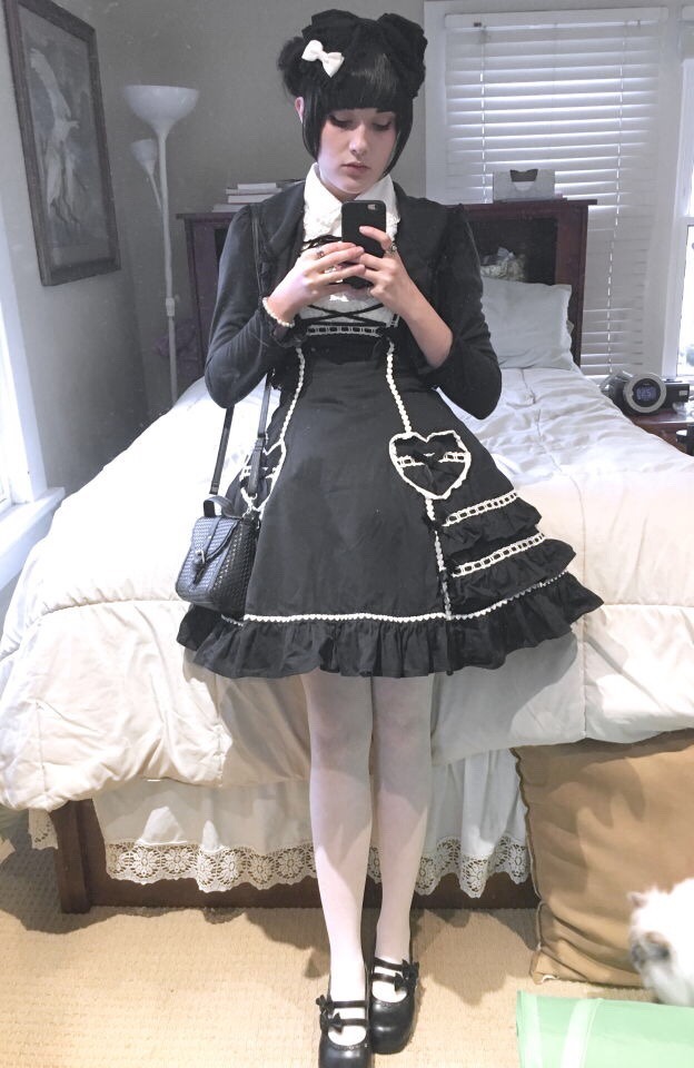 A black and white coord including Angelic Pretty's heart pocket dress